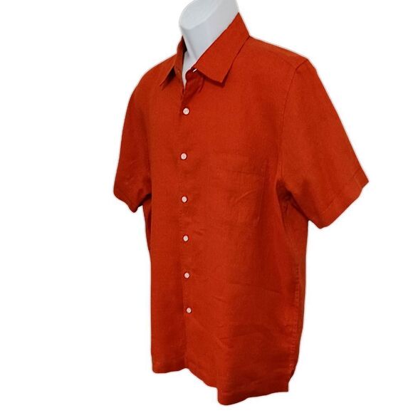 Club Room Luxury Mens Linen Shirt XL Short Sleeve Button Front Orange Tropical - Picture 4 of 16
